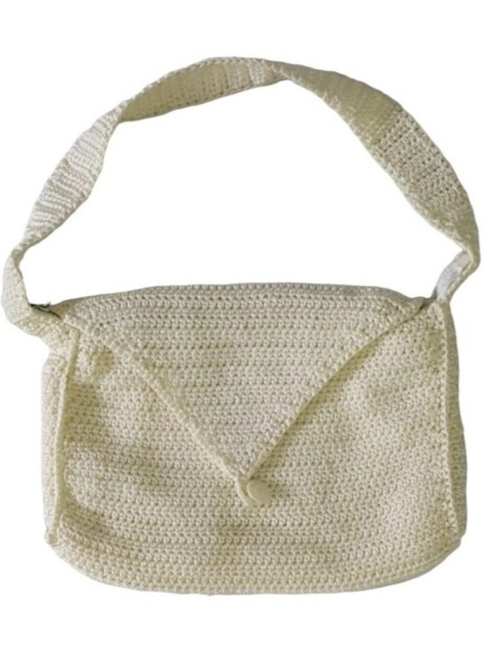 Womens Crochet Shoulder Bag Cream 10.5" Flap Button Close Zipper Pockets Boho
